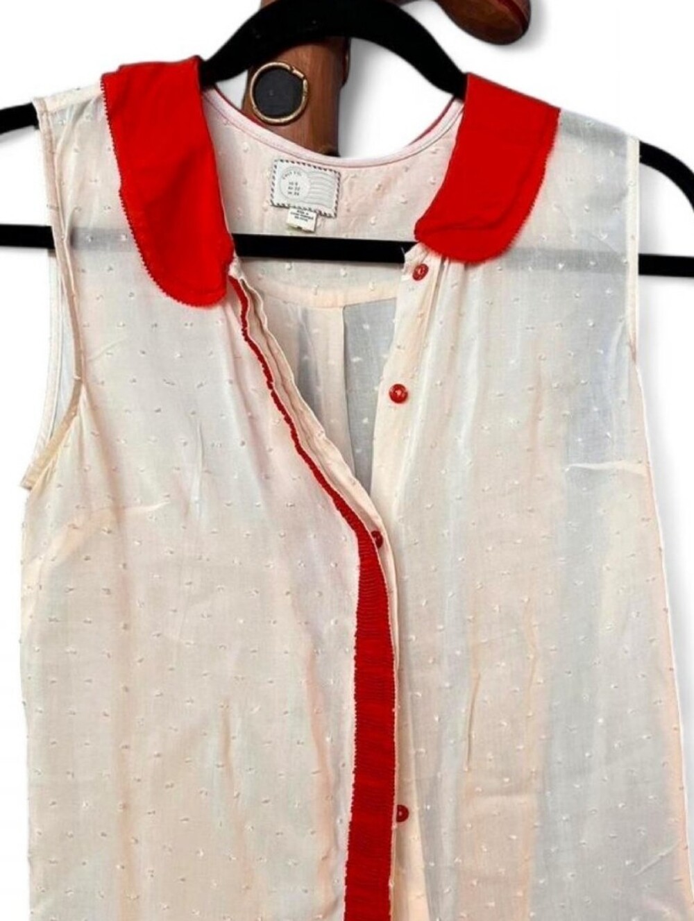 Anthropologie Vintage Sleeveless Cream Top with Orange Collar and Trim